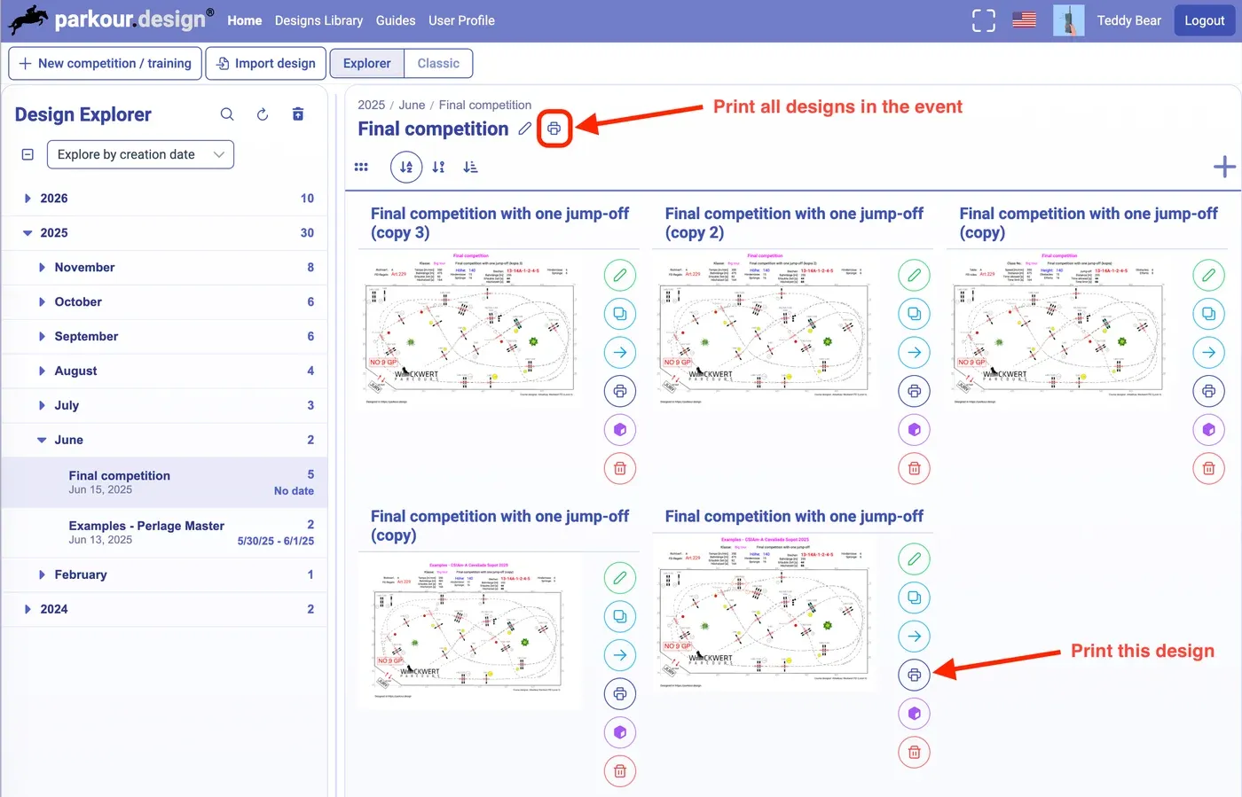 Design Explorer showing designs and Event-level print action