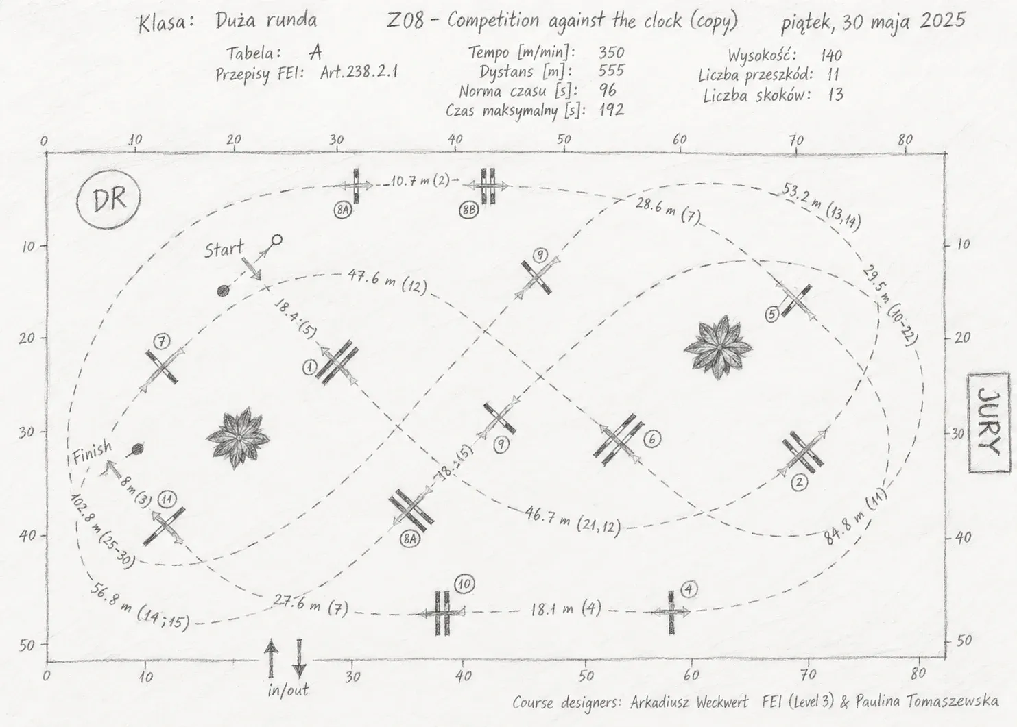 Hand-drawn course design with numbered obstacles and riding lines