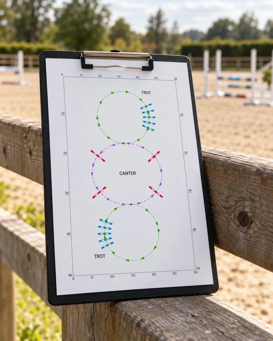 Training plan on a clipboard beside the arena fence