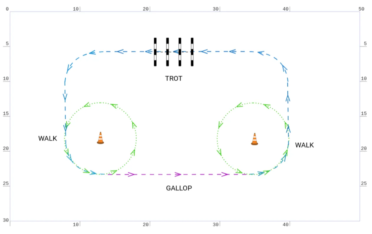 Training exercise plan with colored tracks, trot poles, and circles around cones