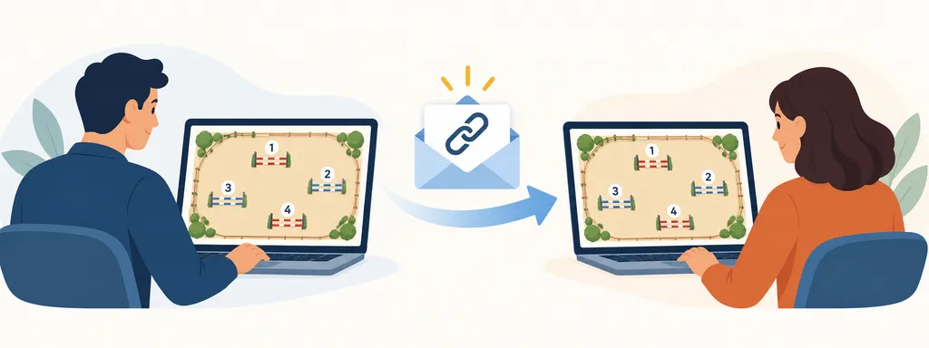 A designer creates a share link for a course design, sends the link, and a recipient opens the shared design on another computer.