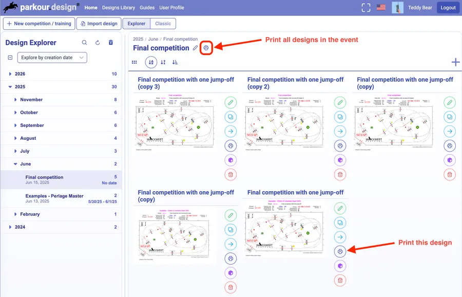 Design Explorer print controls for single-design and Event-level printing
